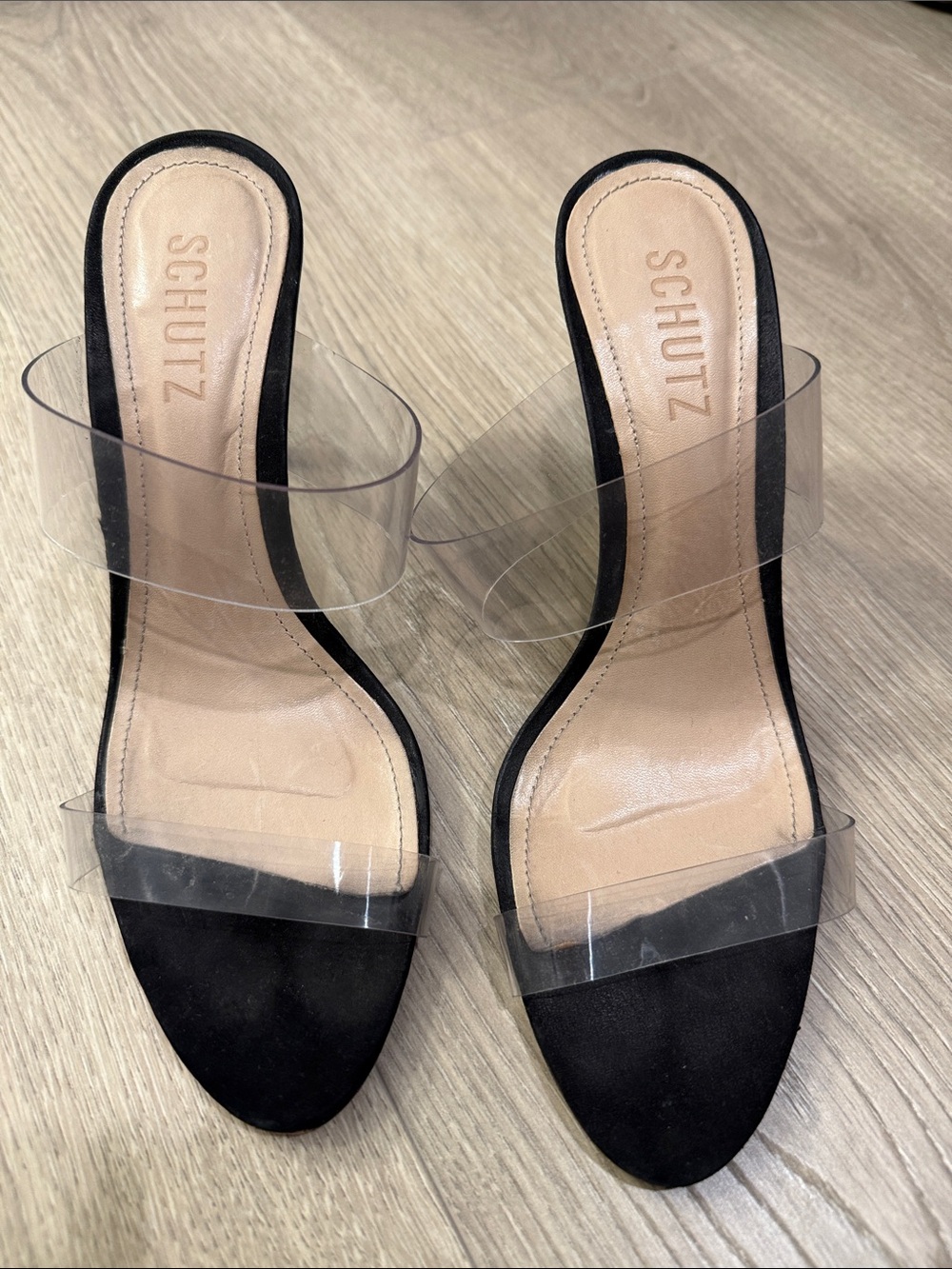 SCHUTZ Clear Strap Black Suede Mules
